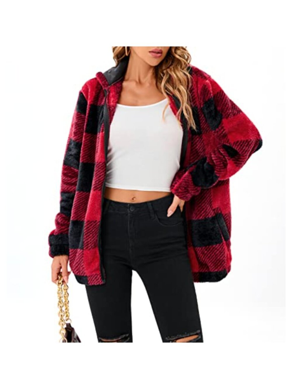 Fuzzy Fleece Zip Up Hoodie Oversized Sherpa Jacket with Pockets